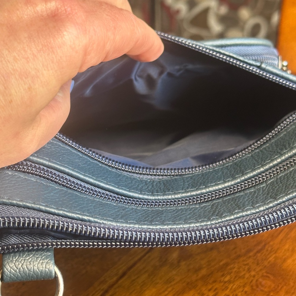 Genuine Leather Navy Crossbody Bag Multi Zip Organizer Travel Purse Small - Picture 6 of 13